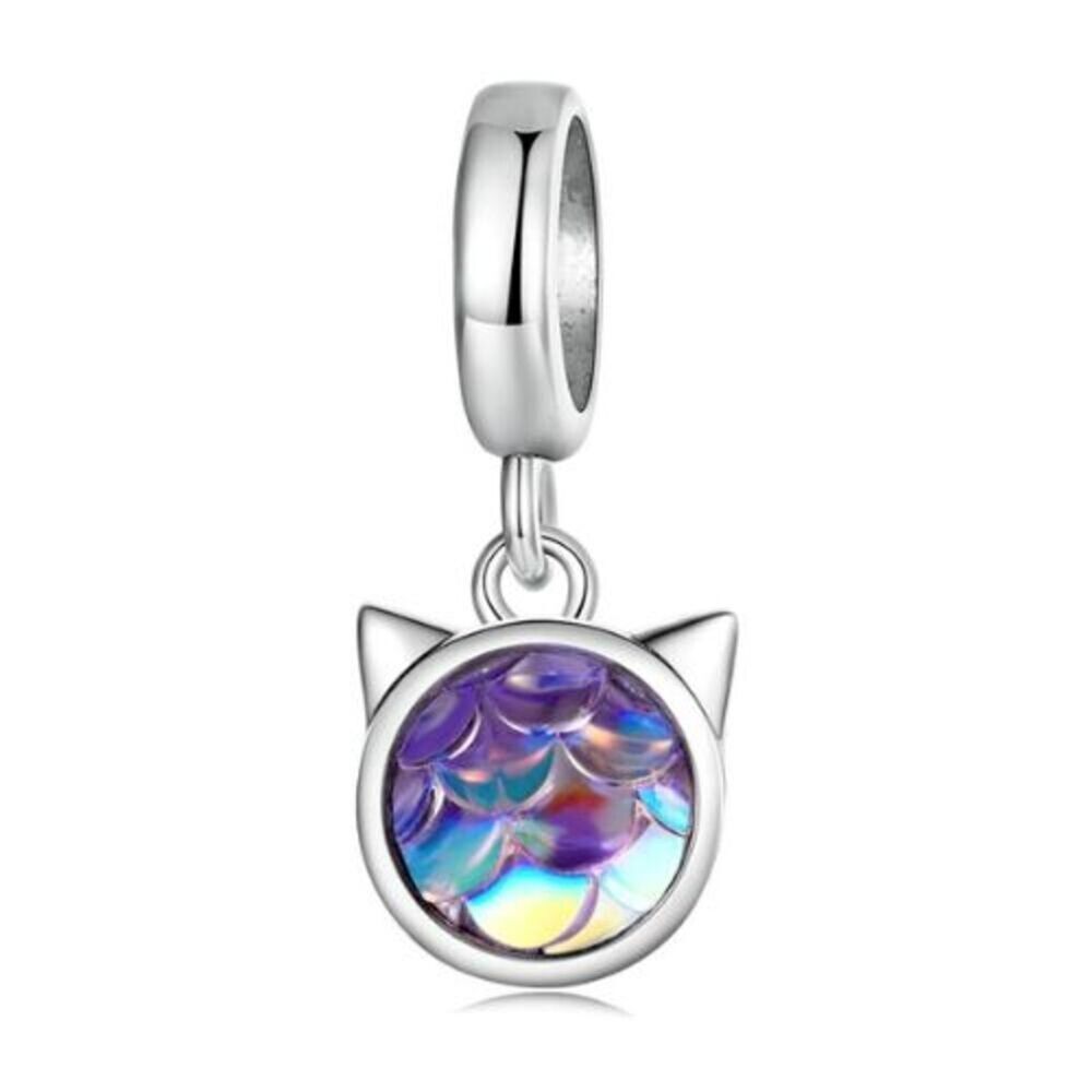 Sterling Silver 925 Spacer Bead Charm Cat Purple Blue Green
